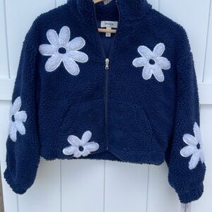 Janie and Jack Blue and White Puffer Jacket with Floral Appliques